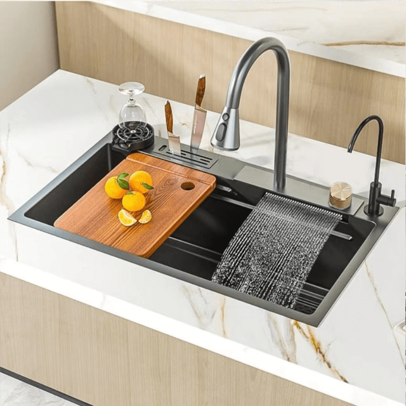 Cuba de Cozinha Gourmet Cascata com Torneiras e Acessórios 75 x 45 cm