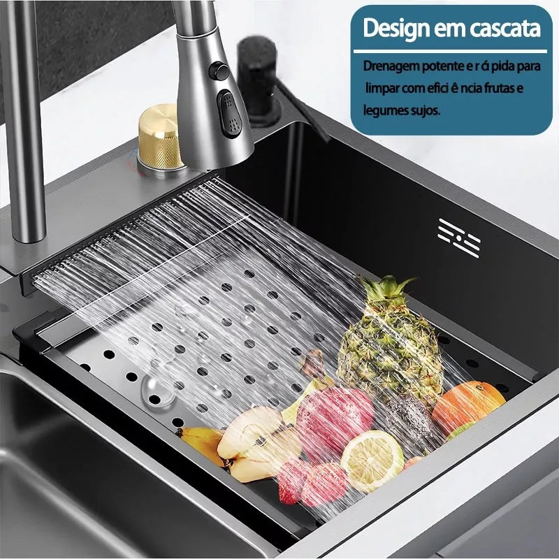 Cuba de Cozinha Gourmet Cascata com Torneiras e Acessórios 75 x 45 cm