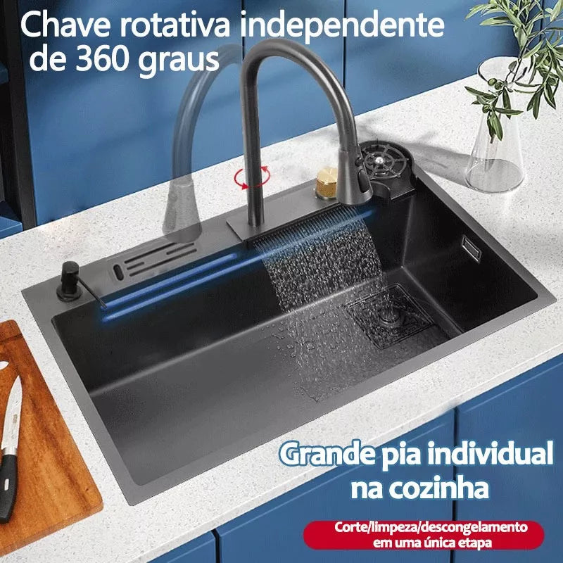 Cuba de Cozinha Gourmet Cascata com Torneiras e Acessórios 75 x 45 cm