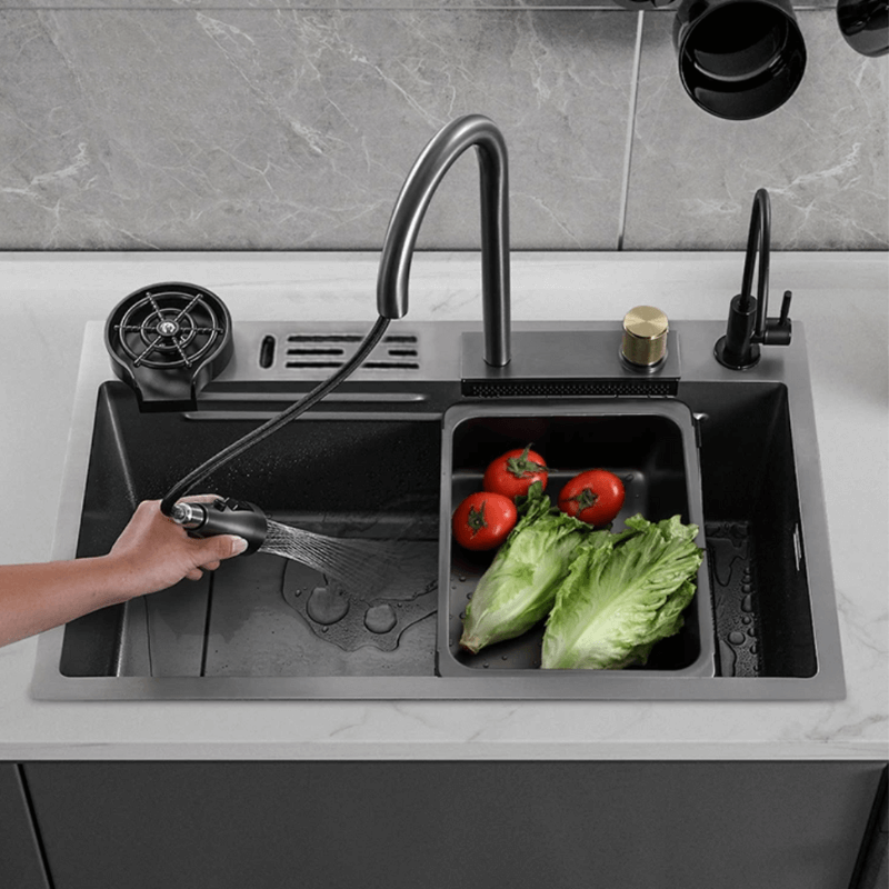 Cuba de Cozinha Gourmet Cascata com Torneiras e Acessórios 75 x 45 cm