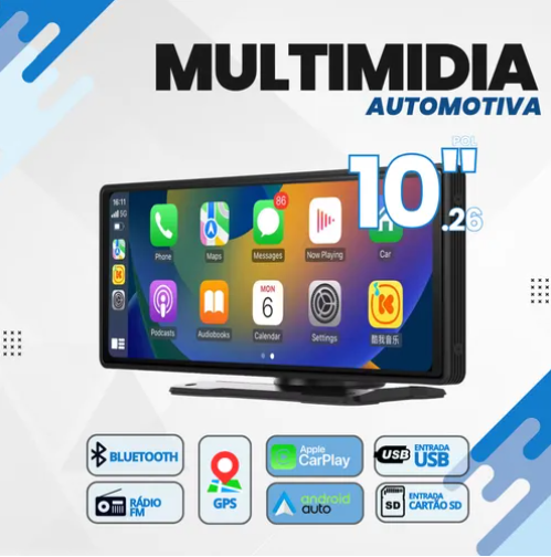Central multimídia Universal 10 polegadas Apple Carplay e Android Auto- One Blaz